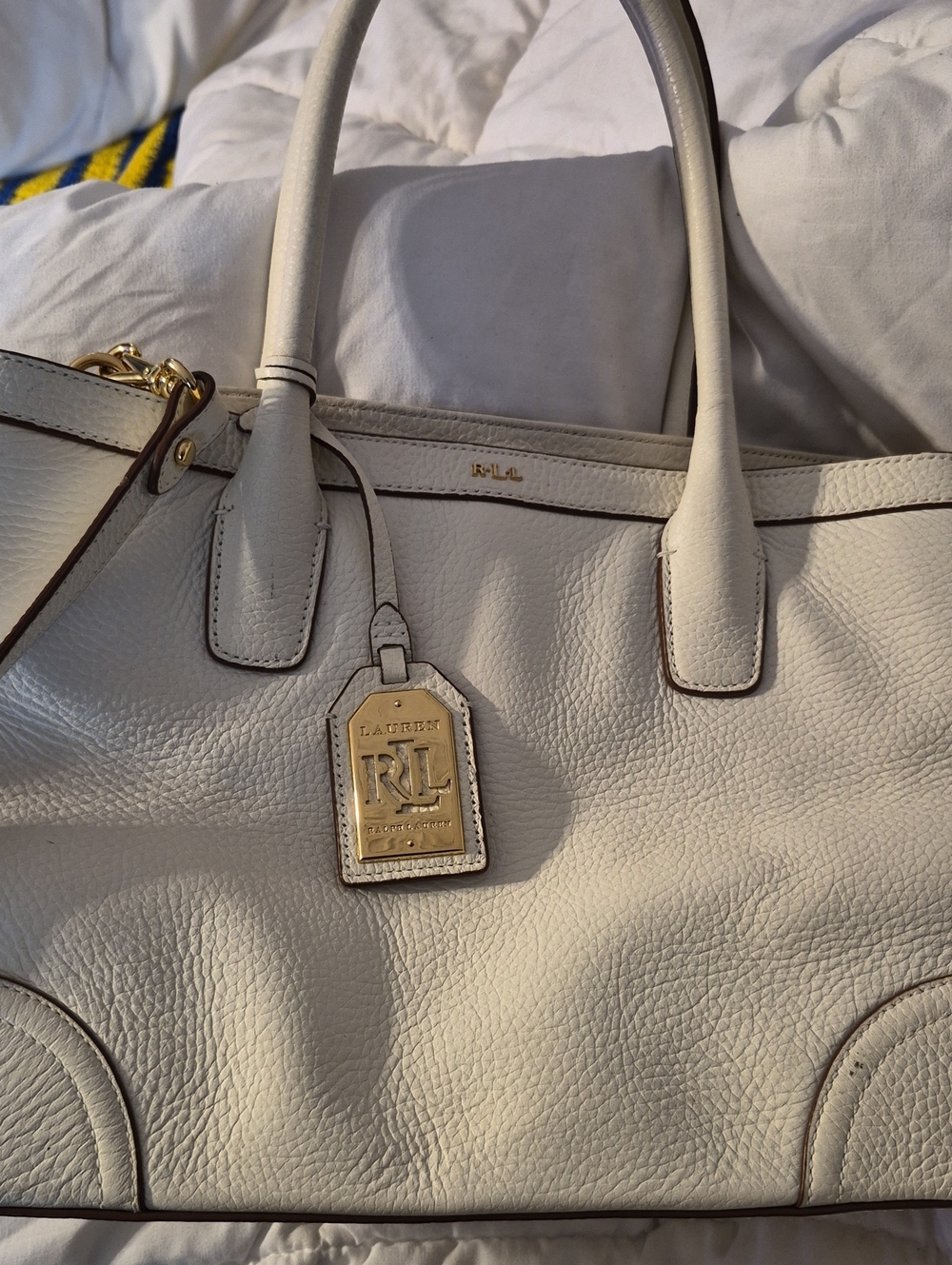 Ralph Lauren Cream Pebbled Leather Tote with Gold Hardware